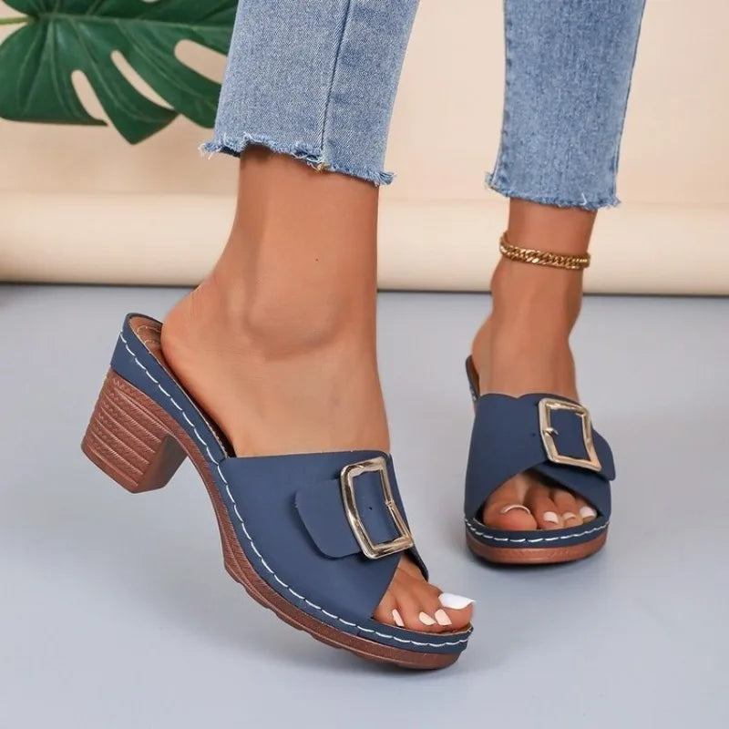Women Sandals Soft Platform Shoes Ladies Chunky Heels Buckle Designer Slippers