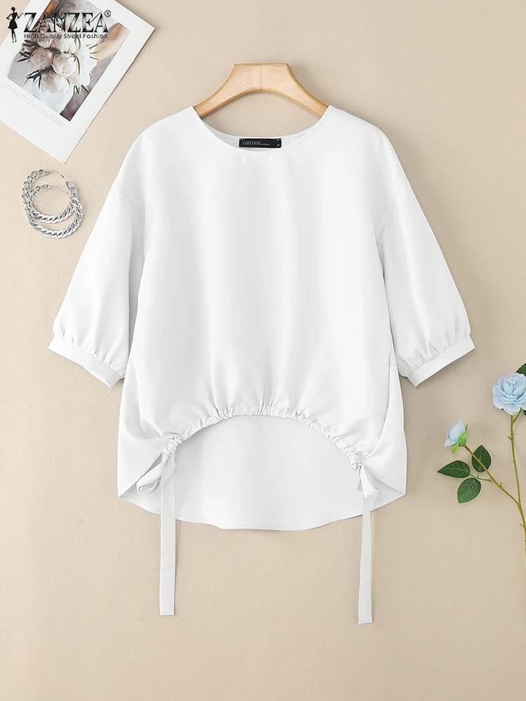 Women's High-Low White Blouses  O-Neck 3/4 Lantern Sleeve