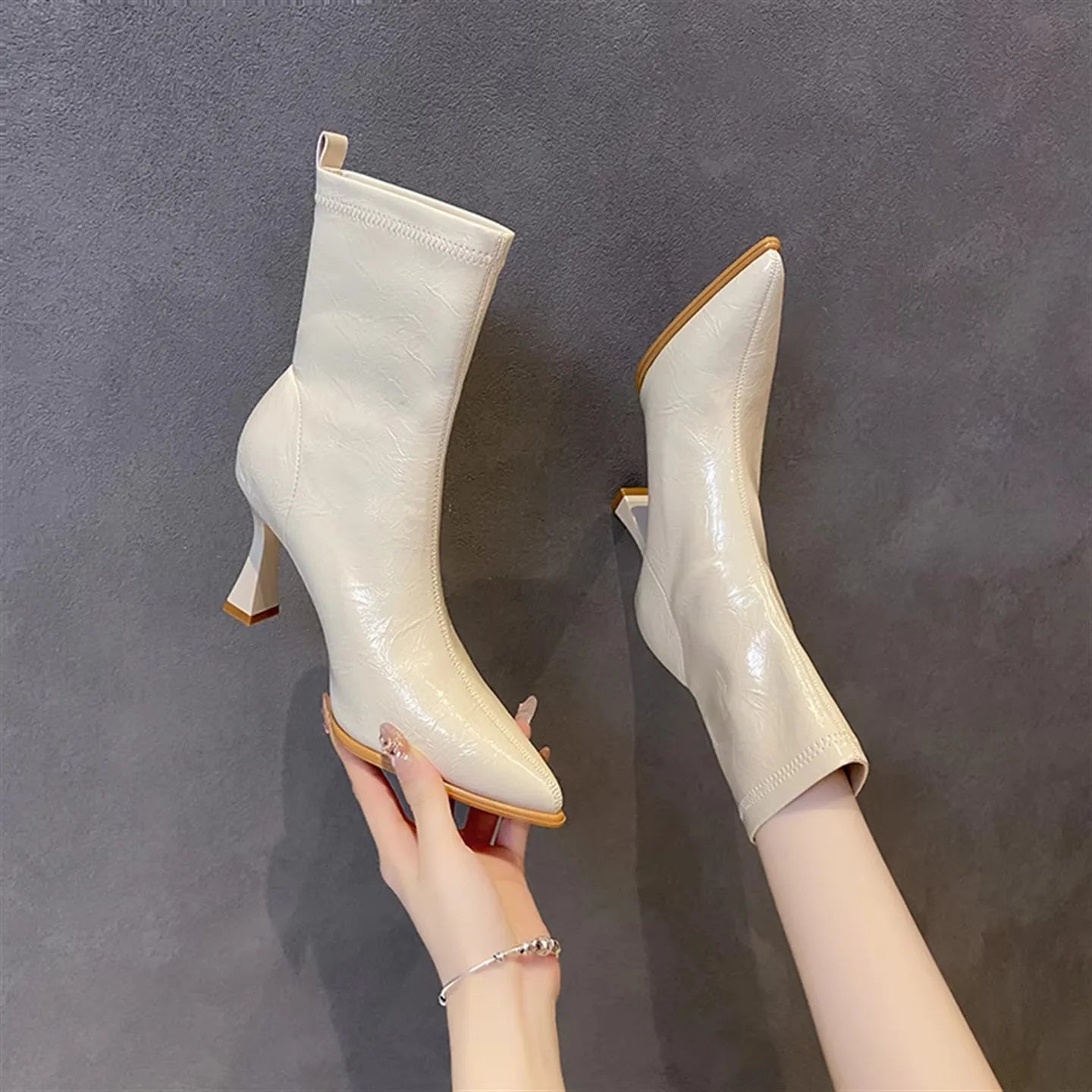 Pointed Toe High Heels Elegant Women Boots Chunky Leather Shoes