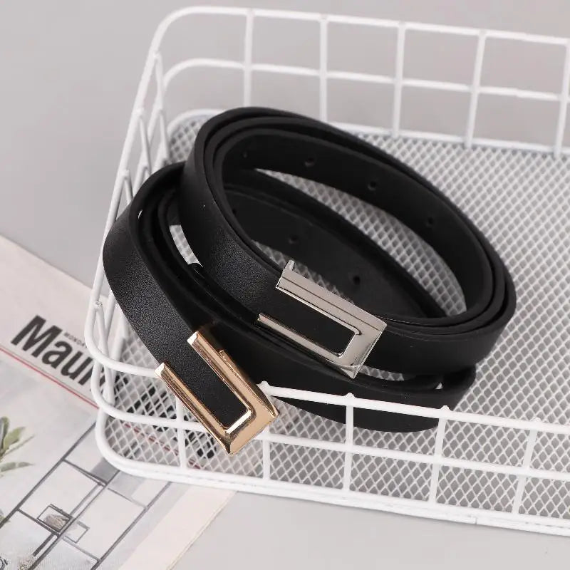 Women Thin Belt Black Gold Silver Metal Buckle Belt