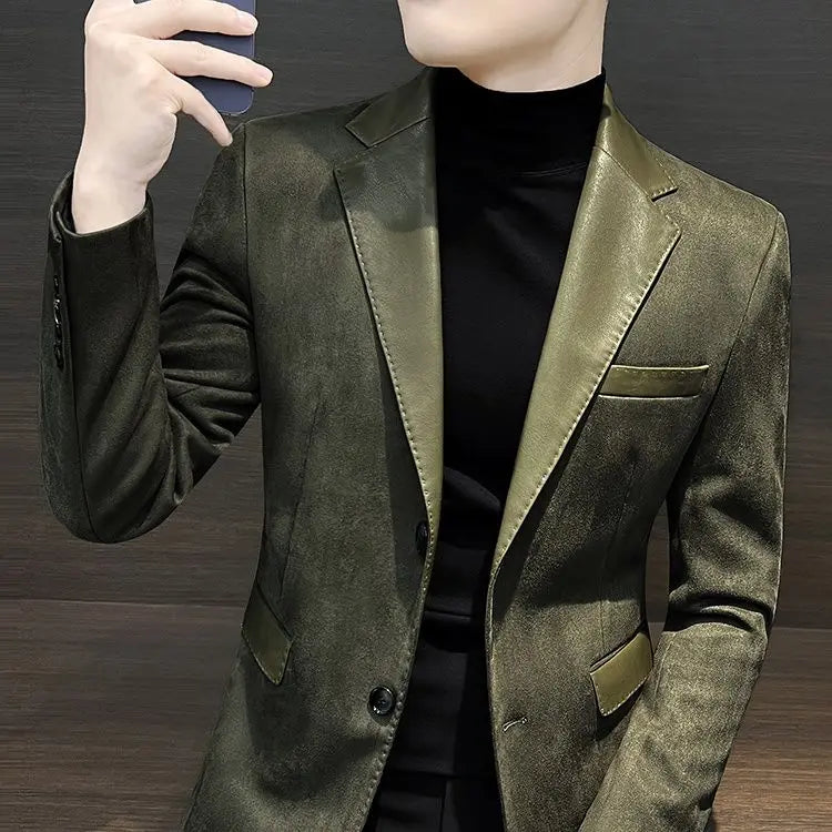 Male Coats  Leather Splicing Blazers Trendy Joker Vintage Casual