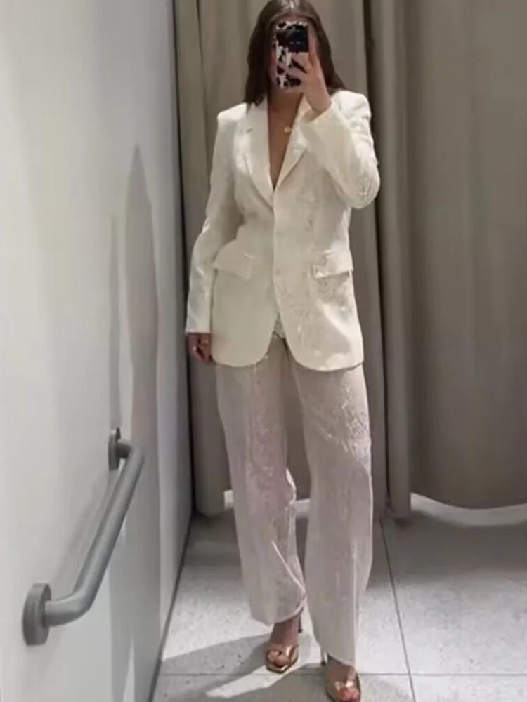 Turn-Down Collar Pockets Single-Breasted Blazers+High Waist Zipper Trousers