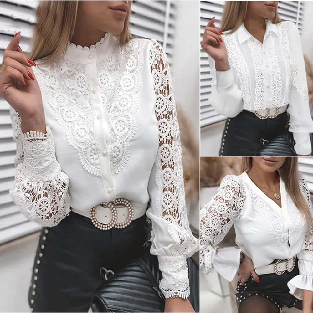 Women's Blouses White Office Spring Casual Button V-neck Long Sleeve