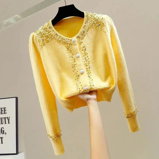 New O-Neck Knitted Sweater Close-Fitting Beading Pullover