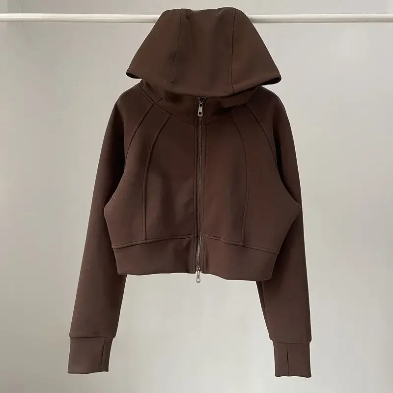 Solid Cropped Fashion Hoodies For Women  Dual Zippers Loose y2k Jackets