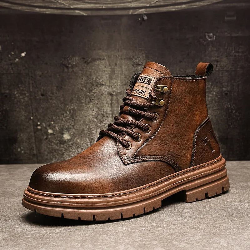 Men's Outdoor Non-slip All-match Casual Short Boots  High Top Retro Waterproof Leather Boots