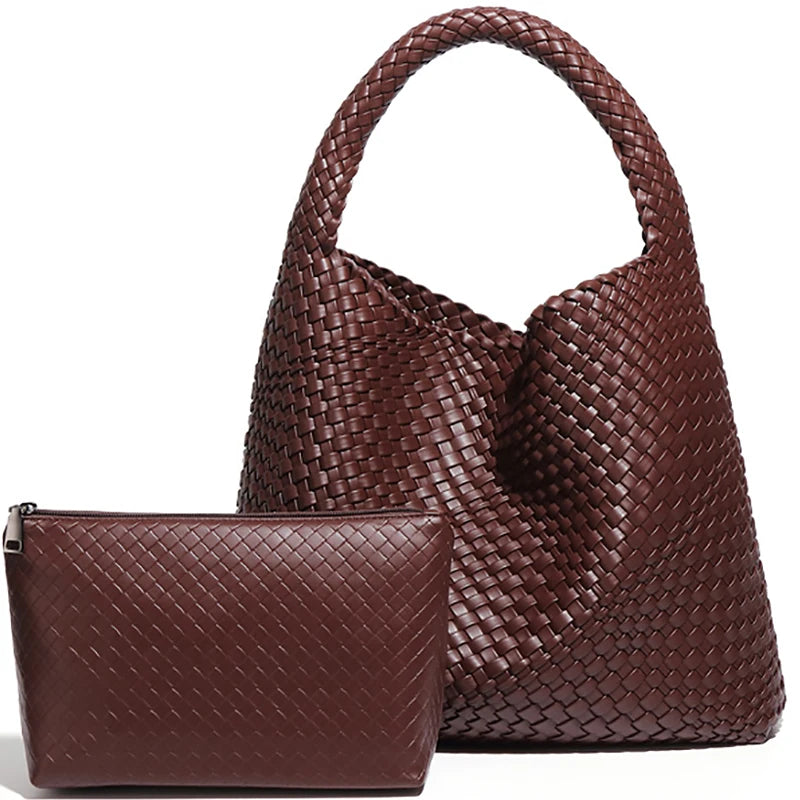 Large Woven Handbag Soft Leather Shoulder Bag Work Shopper Bag with Purse