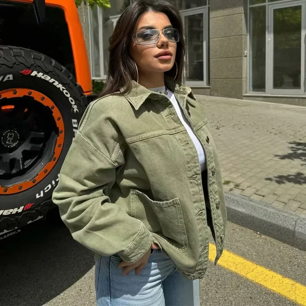 Casual denim jackets for women with fashionable turn-down collar