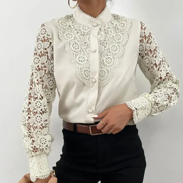 Women's Blouses White Office Spring Casual Button V-neck Long Sleeve