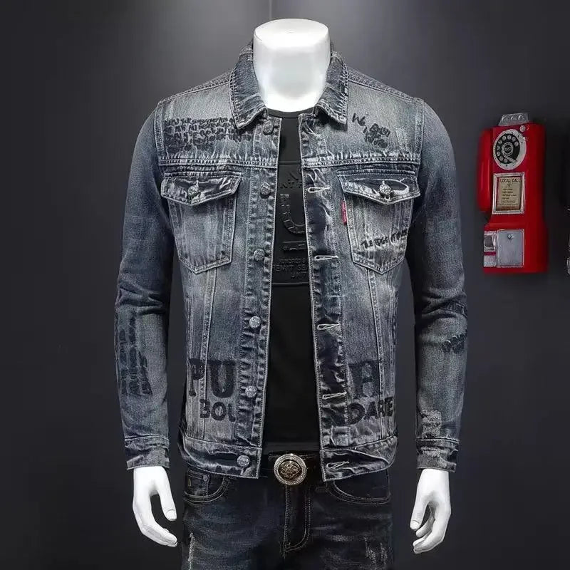 Men's denim jacket  casual lapel handsome motorcycle jacket