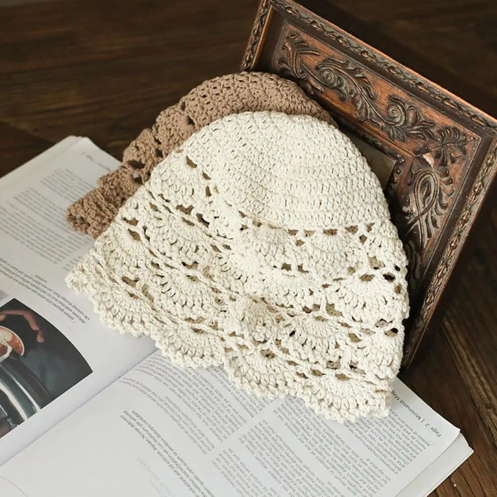 Ladies Hollow Out Lace Jacquard Hat Soft Manual Crochet Knitted Hat