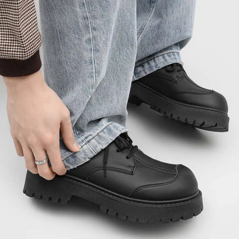 Men's Leather Loafers:Chunky Platform Derby Shoe Wide-Toe Casual Loafers