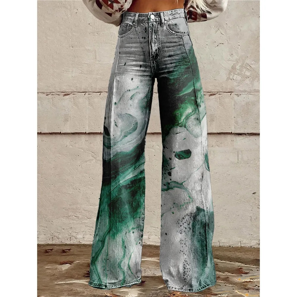 High Waisted Wide Leg Pants Artistic Ink Wash