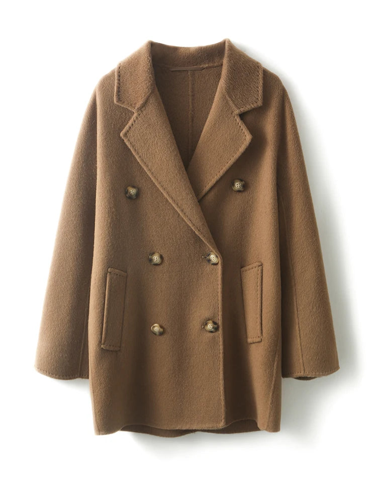 Mid-Length Women's  Camel  Double Breasted coat