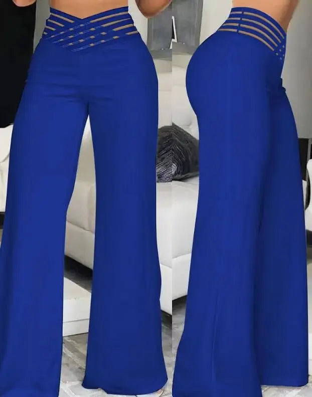 Wide Leg Flared Pants Crisscross Sheer Mesh Pants