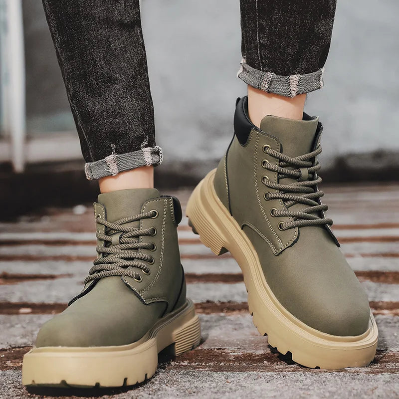 Men High Top Boots Leather Shoes Warm Outdoor Sneakers Lace Up Non-Slip Ankle Boots