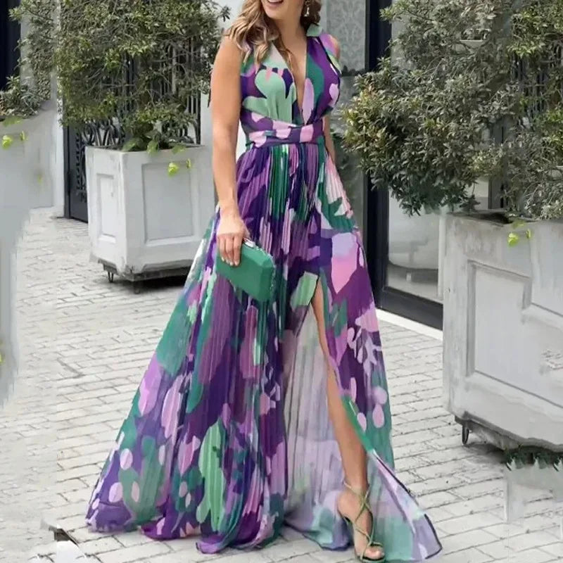 Women's Dress Sexy Deep V Neck Sleeveless Backless High Waist Split Long Dress