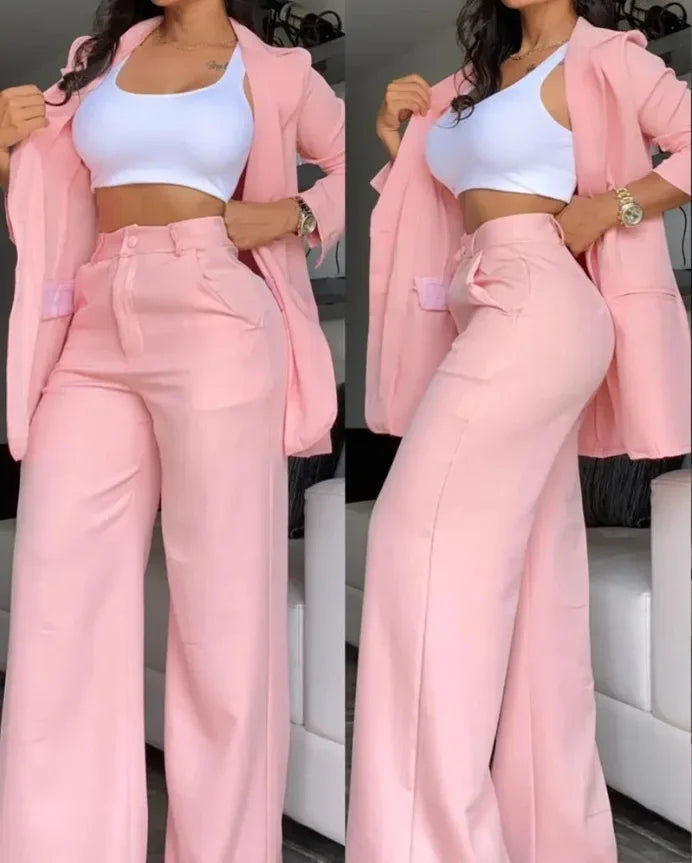 Women Two Piece Set  Single Breasted Tracksuit Outerwear Ankle Length Straight Pockets Set