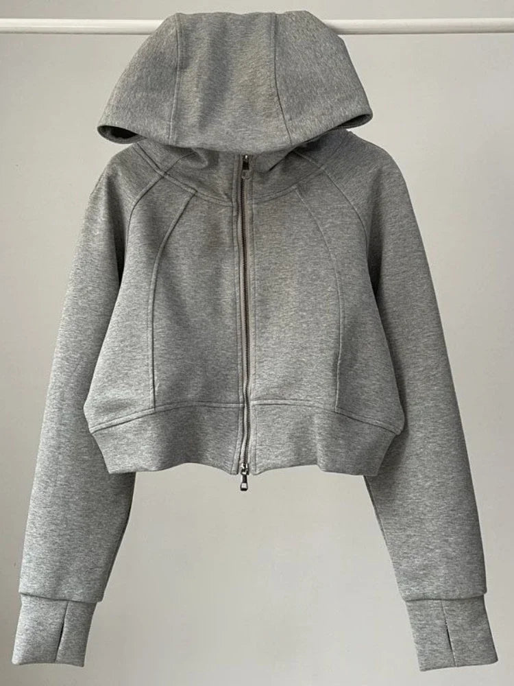 Solid Cropped Fashion Hoodies For Women  Dual Zippers Loose y2k Jackets