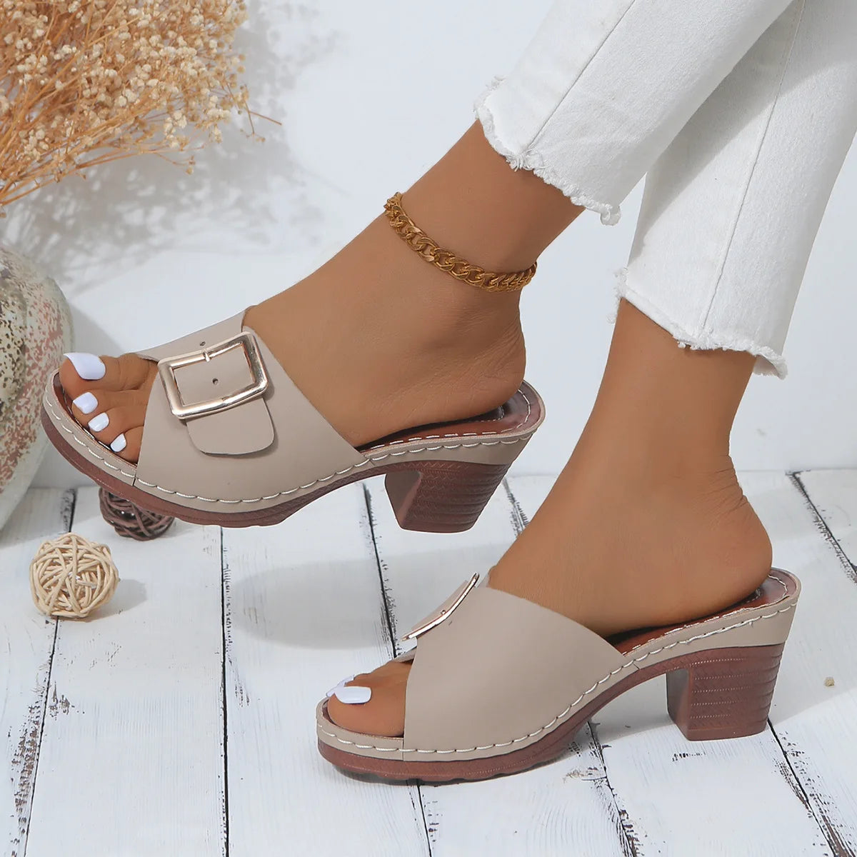 Women Sandals Soft Platform Shoes Ladies Chunky Heels Buckle Designer Slippers