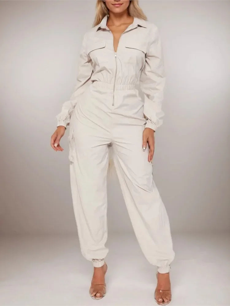 Women's Pocket Elastic Waist Zipper Jumpsuit
