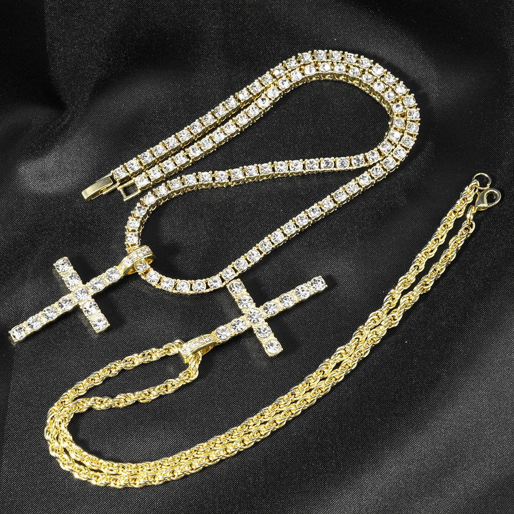 Hip Hop Iced Out Cross Pendant Necklace Strap 4mm Zircon