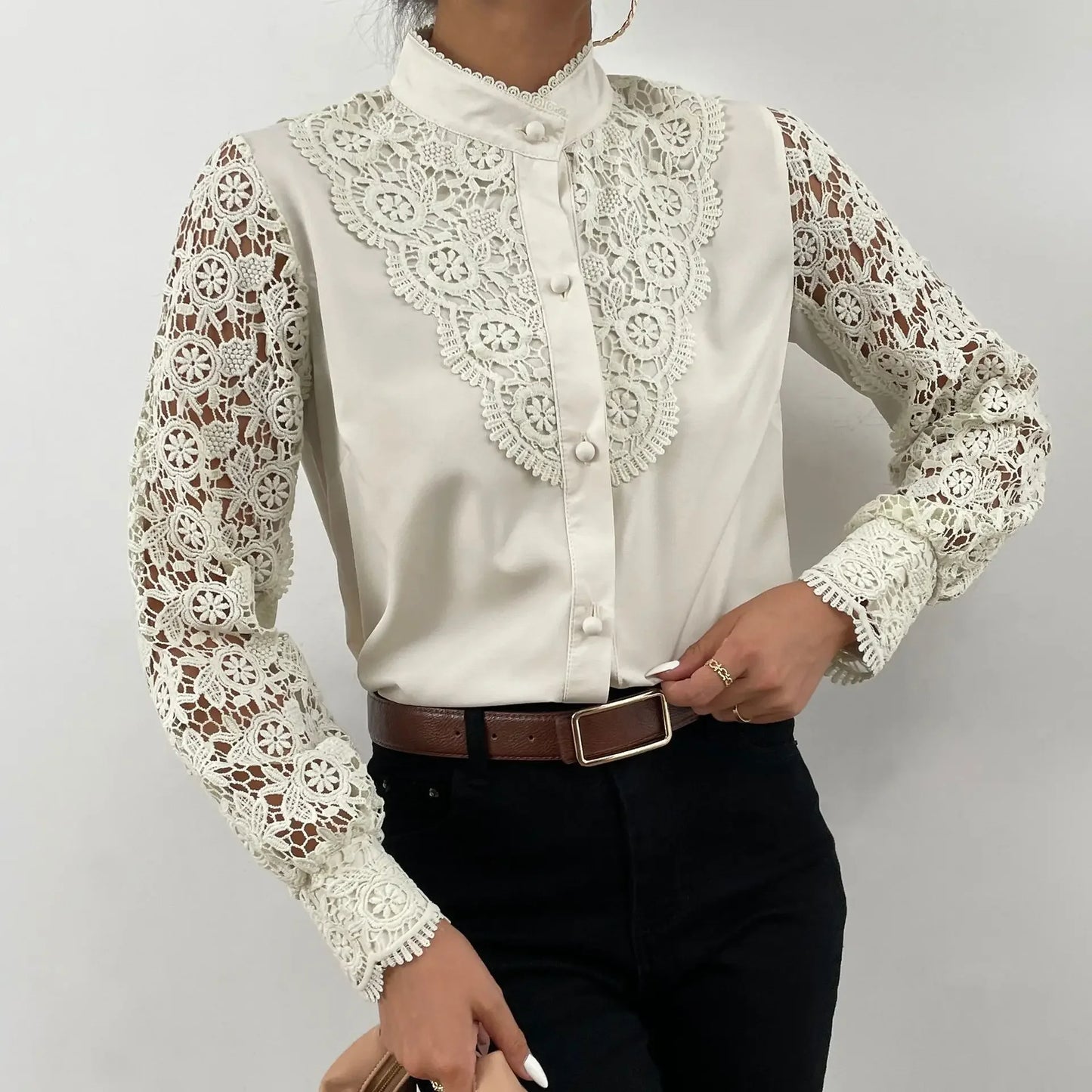 Women's Blouses White Office Spring Casual Button V-neck Long Sleeve