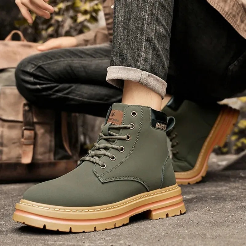 Men's High Top Boots High Quality Casual Leather Boots Lace Up Men Ankle Non-Slip Boot