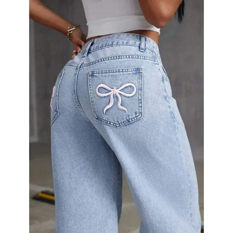 Women Jeans Embroidery High Waist Distressed Washed Pockets