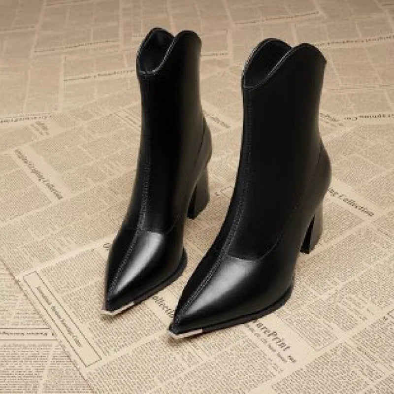 Women's autumn winter thick heeled pointed high-heeled short boots anti slip warm  shoes