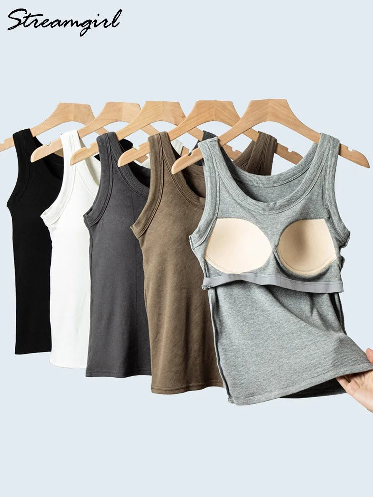 Women Thread Tank Tops With Built In Bra Padding