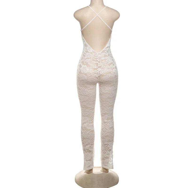 Women Sexy Cross Backless Jumpsuit  See Thorough v-Neck Sleeveless Summer Coquette