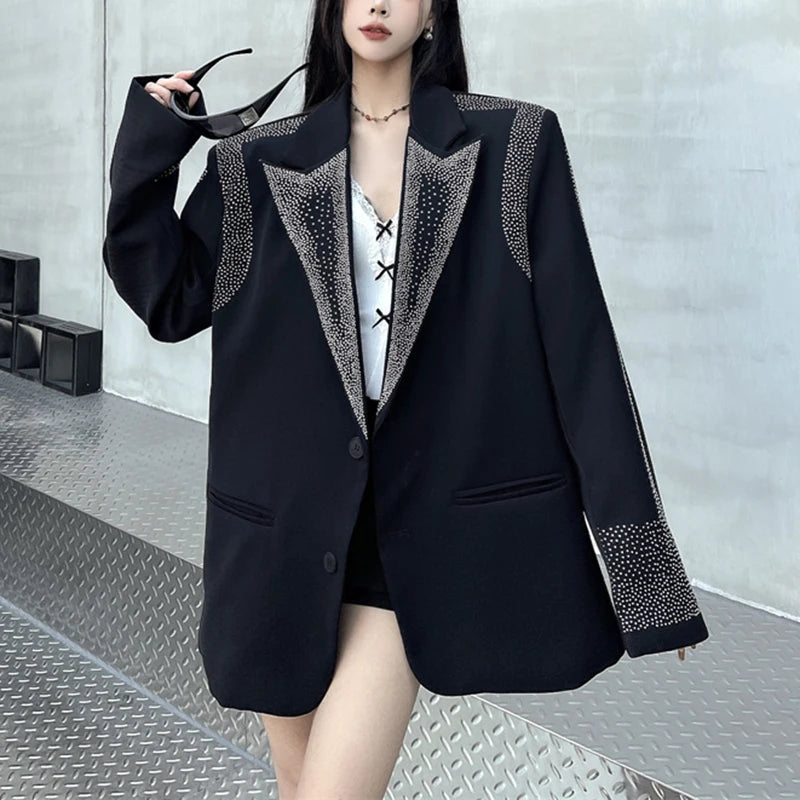 Women's BF Oversize Coats Loose Casual Single-Breasted Retro Beaded Jacket