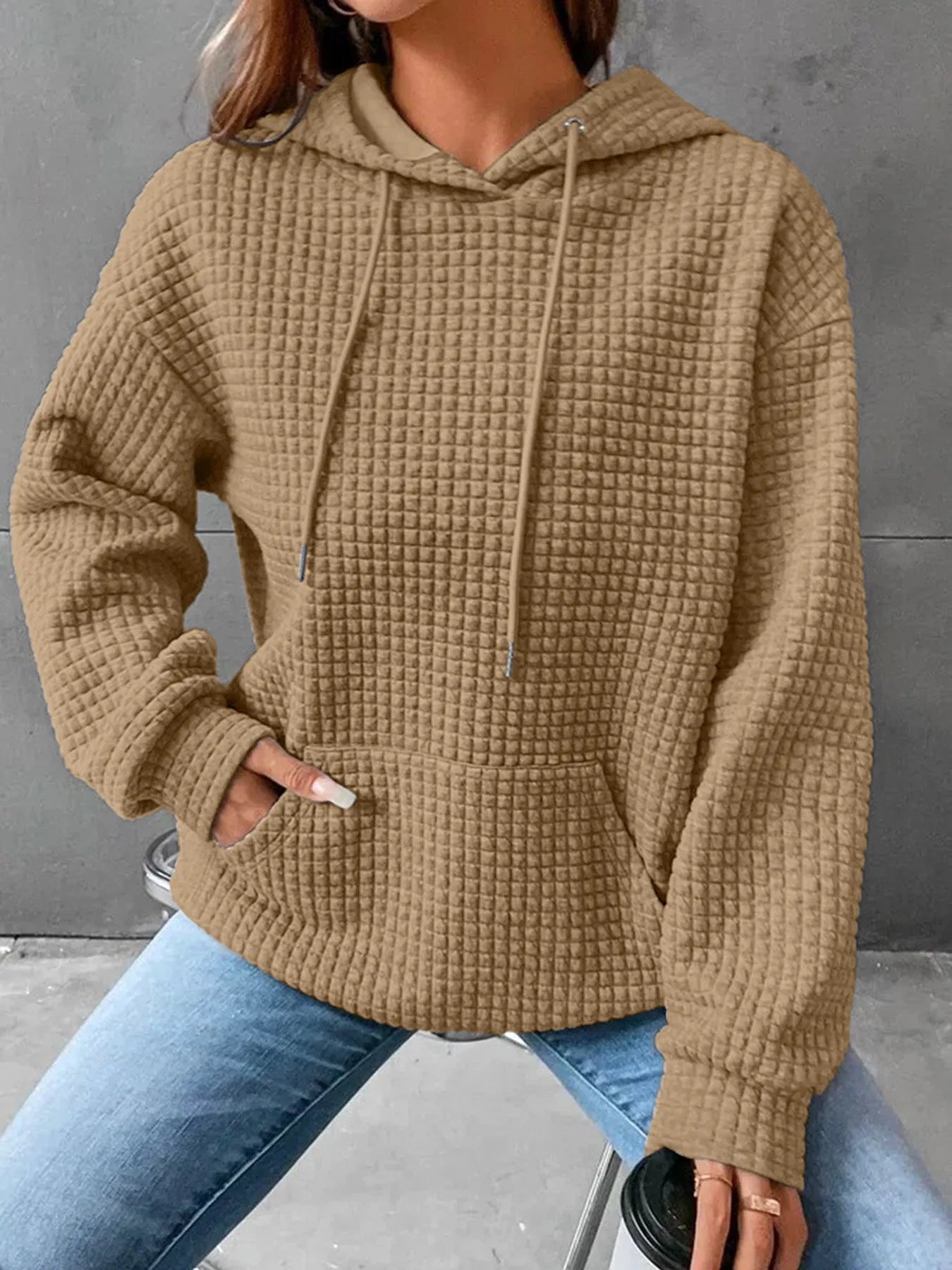 Women's hooded sweatshirt spring and autumn style waffle