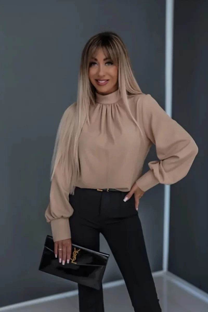 Womens Blouses Fashion  Smocked Long Sleeve O-Neck Casual Chiffon Shirts
