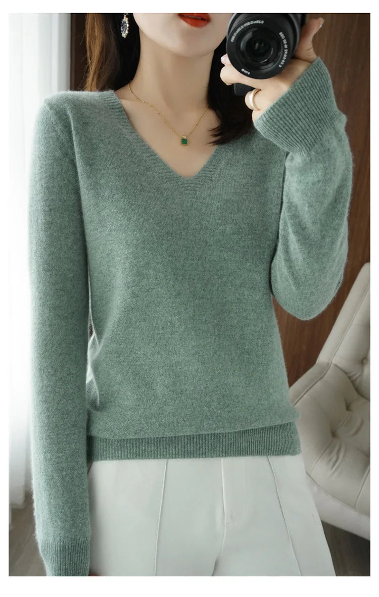 Women's Sweater  Knitted Pullovers V-neck Slim Fit Bottoming Shirt