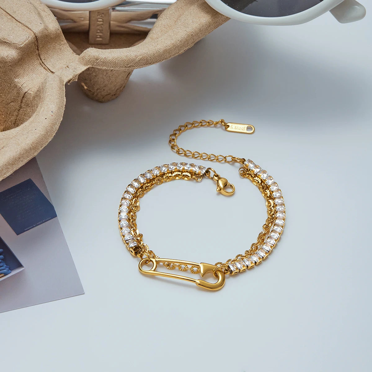 Square White Zircon Bracelet Paper Clip Double layer Bracelet