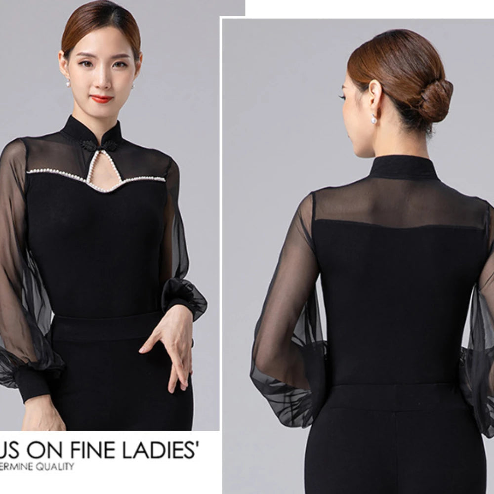 Women Latin Jumpsuit Sexy Mesh Long Sleeve Top