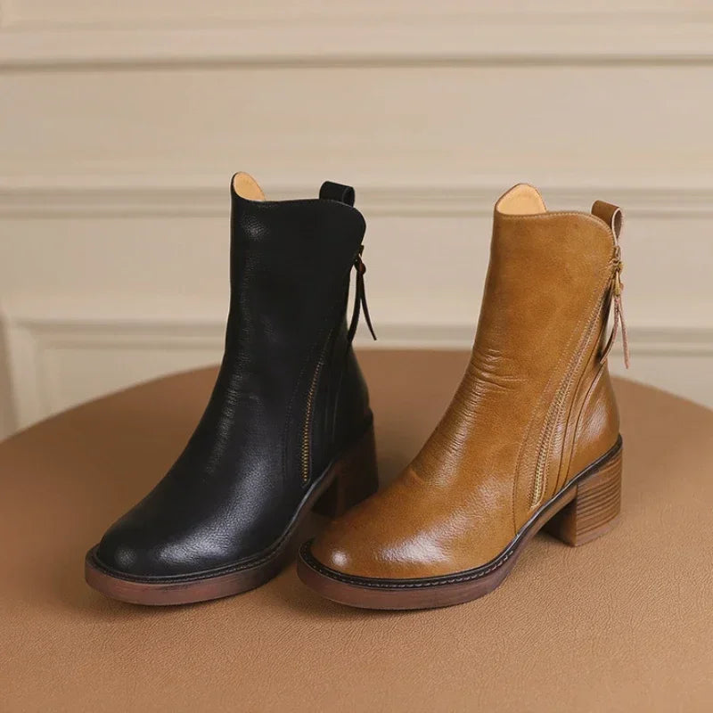 Women's Platform Chelsea Boots  Round Toe Chunky Heel Women Brown Ankle Boots