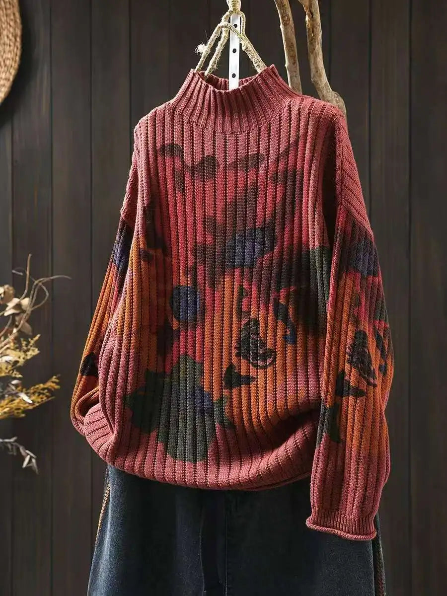 Chic Flower Printing Knitwear for Women Loose Casual Long Sleeve Half-turtleneck Knitwear
