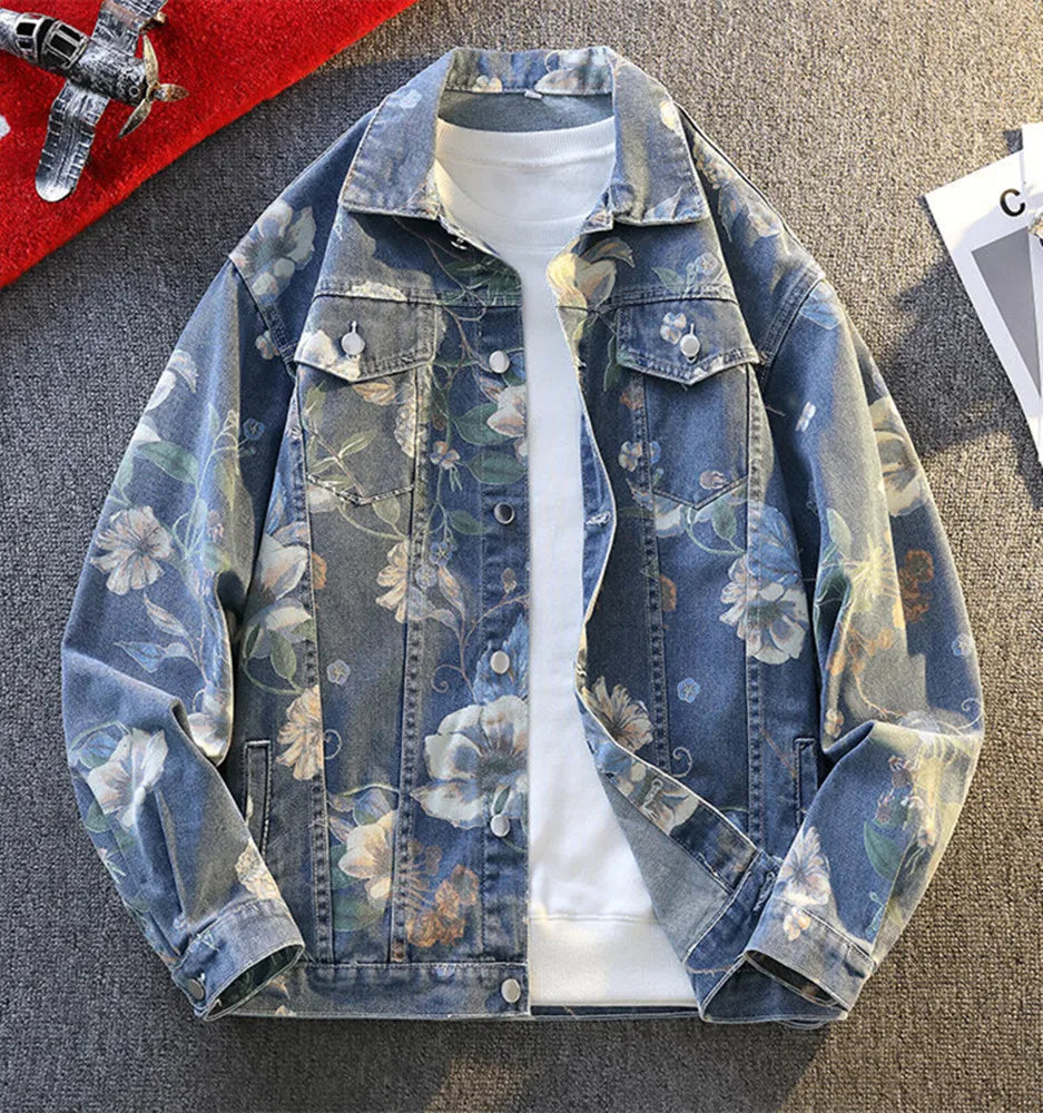 Mens Causal Oversized Cotton Casual Blue Denim print Jacket
