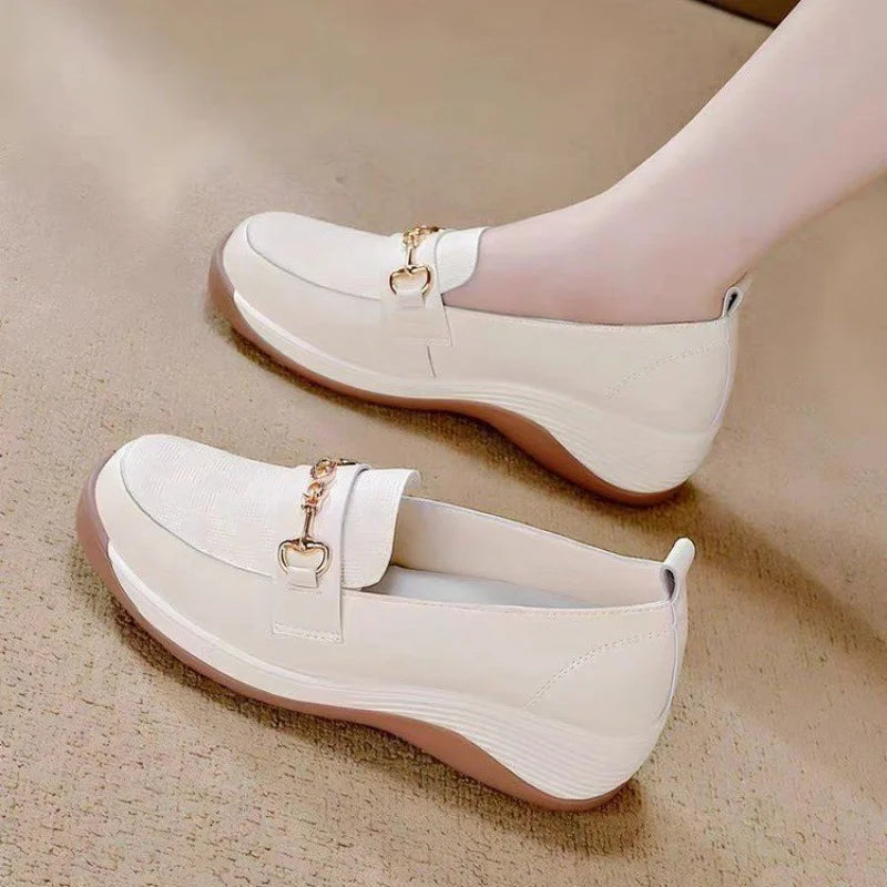 Soft Leather Loafers - Platform Wedge Heel Mom Shoes