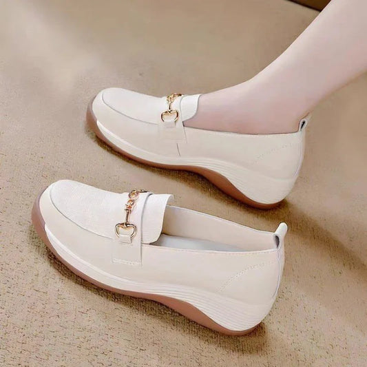Soft Leather Loafers - Platform Wedge Heel Mom Shoes