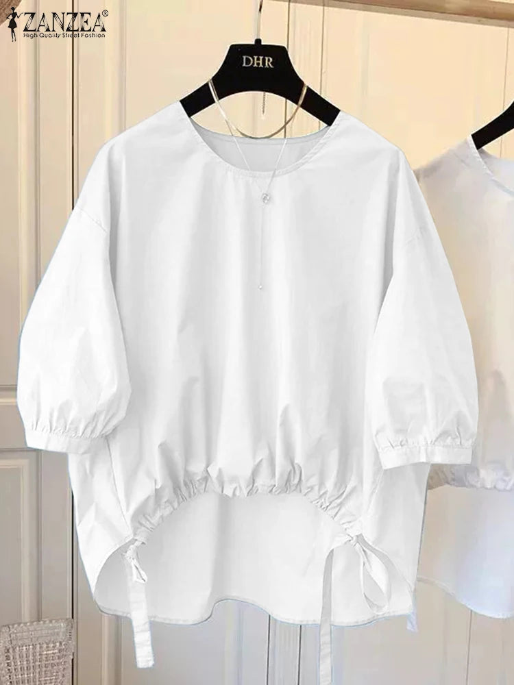 Women's High-Low White Blouses  O-Neck 3/4 Lantern Sleeve