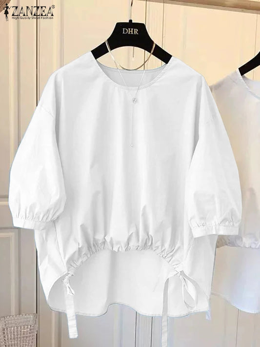 Women's High-Low White Blouses  O-Neck 3/4 Lantern Sleeve