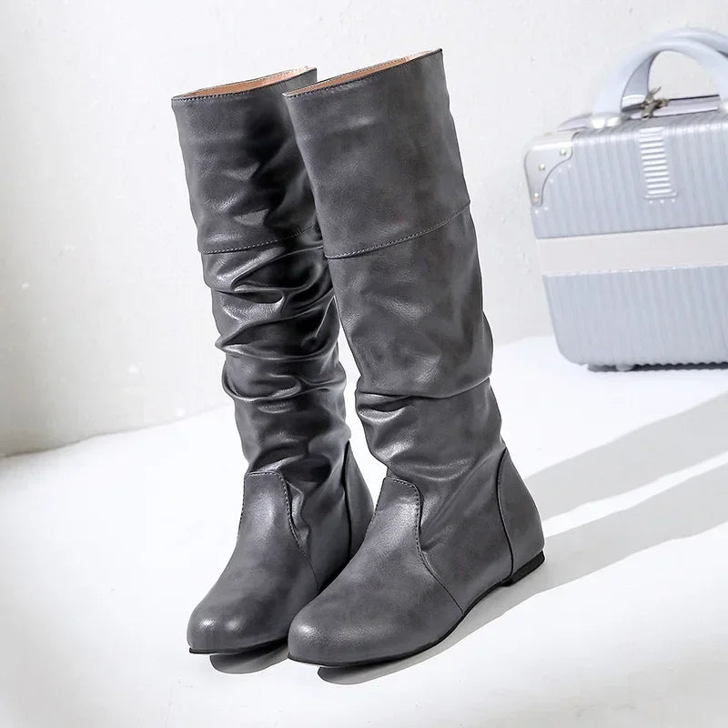 Women Leather Boots Fashion Pleated Wedge Long Boots Round Toe