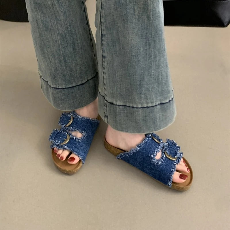 Women's Shoes Flat Slideshow Summer Platform Metal Buckle Beach Luxury  Slippers