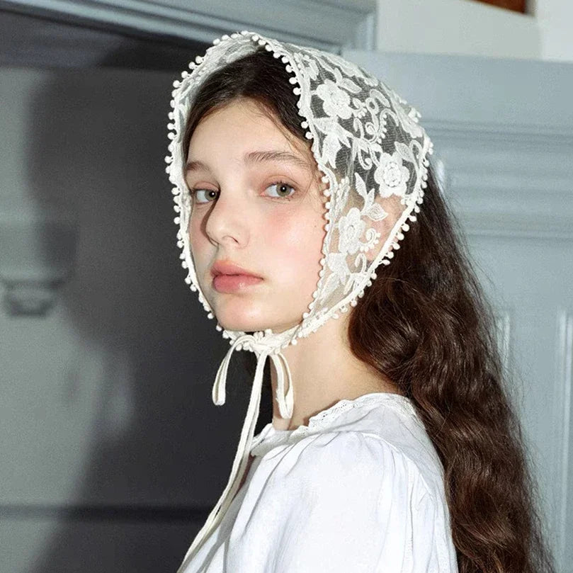 White Woven Floral Lace Hair Scarf Wraps