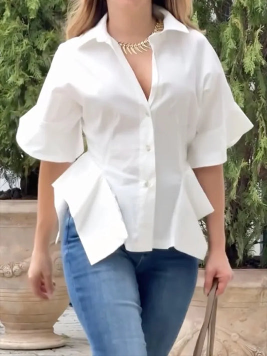 UOOZEE Women's Cotton White Blouses Sleeve Loose Buttoned