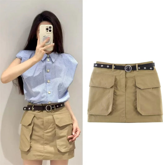 Women's Half Skirt  Khaki with Belt and Pocket